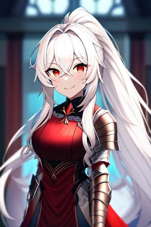 girl, masterpiece, best quality, cinematic lighting, detailed outfit, vibrant colors, perfect eyes, long hair, white hair, red eyes, ponytail, messy hair, hair between eyes, indoors, depth of field, ray tracing, armored dress, angry, smile,