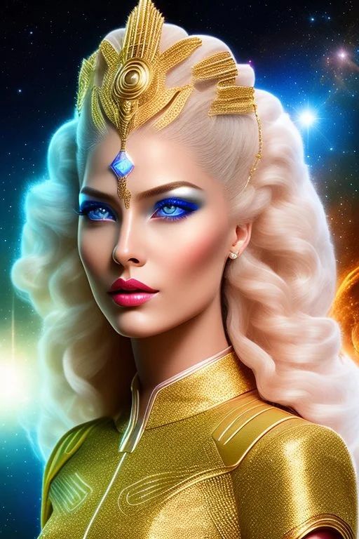 Beautiful tall woman Pleiadian galactic commander, ship, perfect detailed face, detailed golden galactic suit, high rank, long blond hair, hand with five perfect detailed fingers, amazing big blue eyes, smiling mouth, high definition lips, cosmic happiness, bright colours, blue, pink, gold, jewels, realistic, real photo, bright and sunny background, very detailed, high contrast, high definition 8k, pixel 512X512, unreal engine 5, extremely sharp details, light effect, br