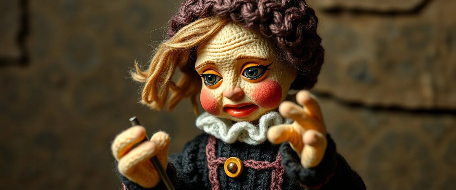 pin hole picture, miniatures on fake scene,master oil painting by Rembrandt, good afternoon bitch scary stone age matron malice, close up portrait of a stupid knitted doll trying to explain something weird,