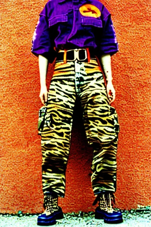 year 1997 denim fashion, Techno, "combat pants", cargo, Loose fit, low waist, baggy. Colors: denim blue, blue, purple, khaki, light green, lilac, plum, orange, terracotta, red, pink, dark blue, beige. Patterns: cheetah, balls, stripes. cheetah belt. Something between camouflage and cheetah prints. Women models. Sharon Stone, Sandra Bullock, Winona Ryder, Milla Jovovich, Big tennis shoes on. Latex in small part, areas, clothes..Combat pants. Leg warmers.