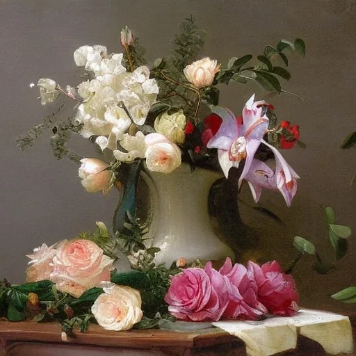 eucalyptus and roses and lilies and orchids and pine and holly by PIERRE JOSEPH REDOUTÉ