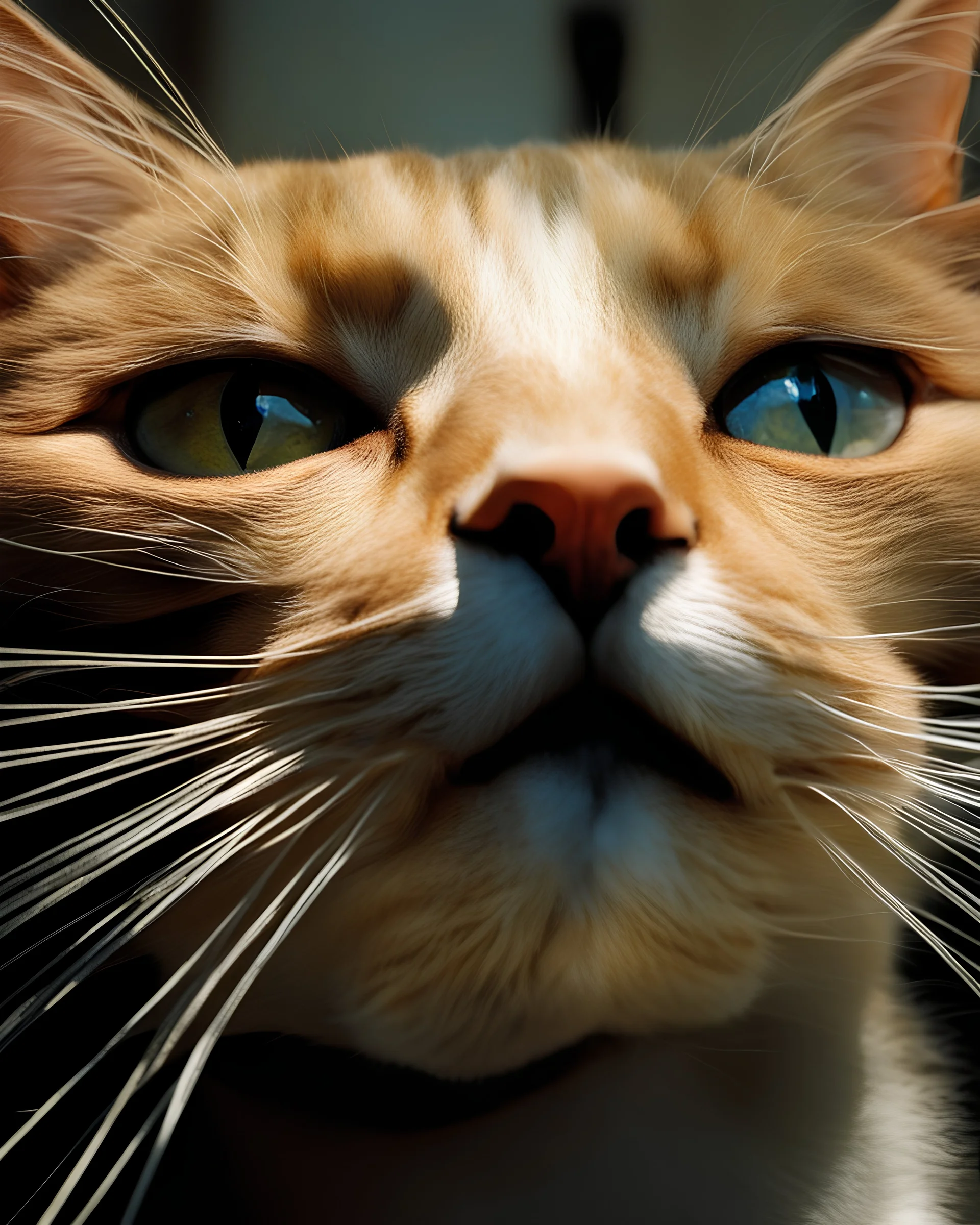 a photo of a cat with caustics shadows reflected on her face, polygon shape shadows on her skin, an example of saul leiter's work, sun - rays beams, projection mapping, cat's face covered with shadows reflected from polygon lace curtains.