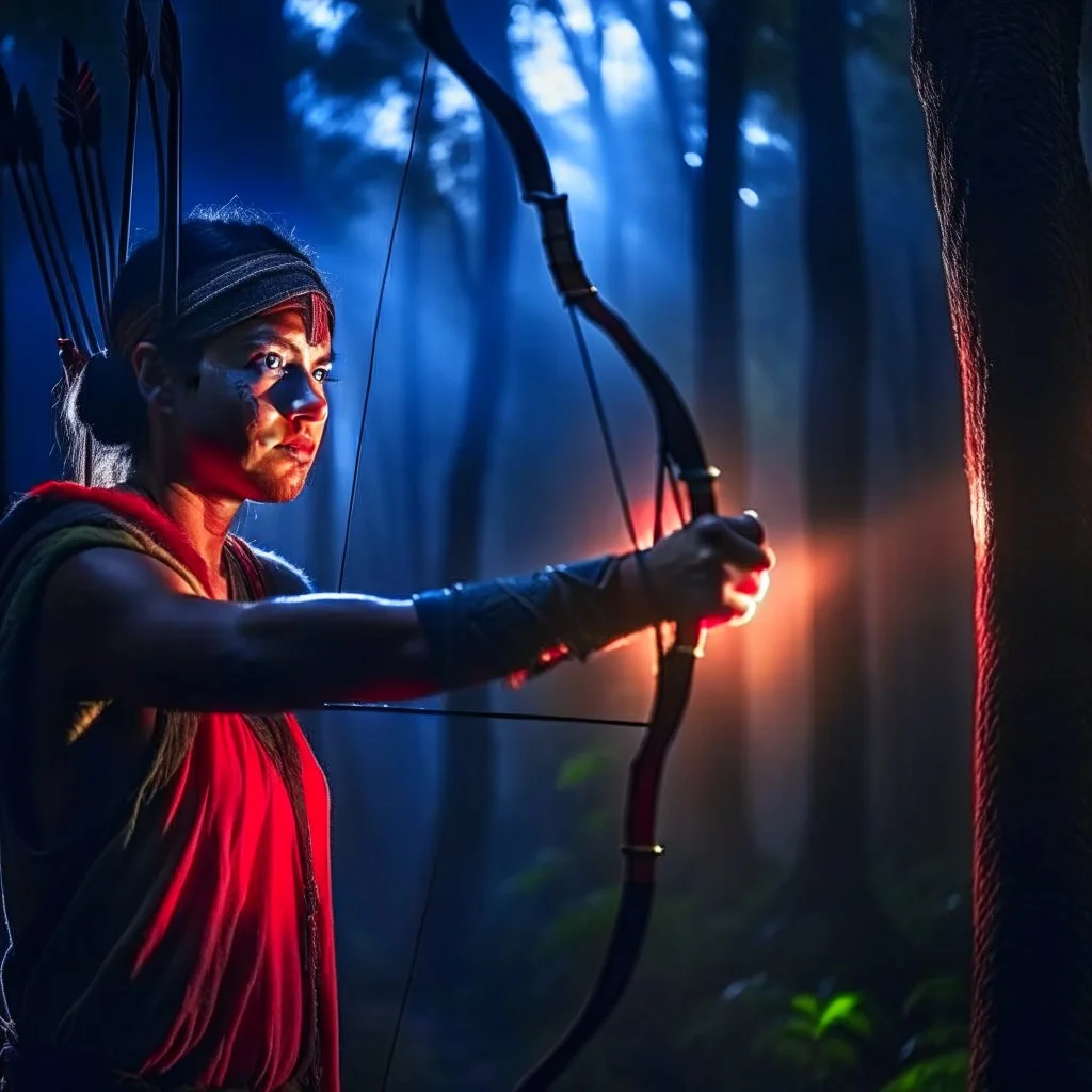 portrait of orissa kelly shooting bow and arrow in the underground grove glowing light, in the style of escher, 8k, down-light, soft light, depth of field, photo realism, trending on art station, high detail, smoke and fog