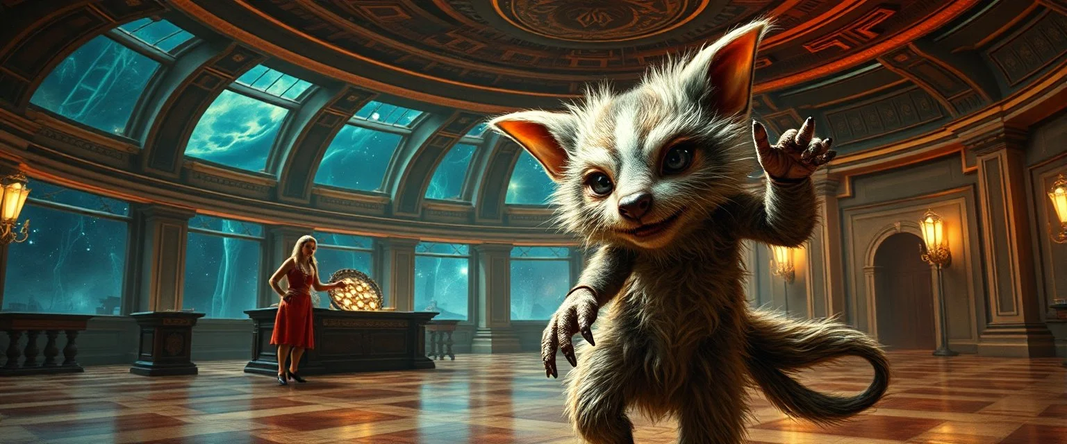 fluffy mean wolf alien gremlin badger star ship bridge captain dancing in a big hall in the style of Rembrandt and Escher and Dali