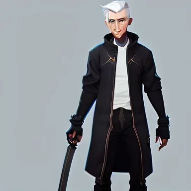 gray-haired young man with katana in black baggy jaket