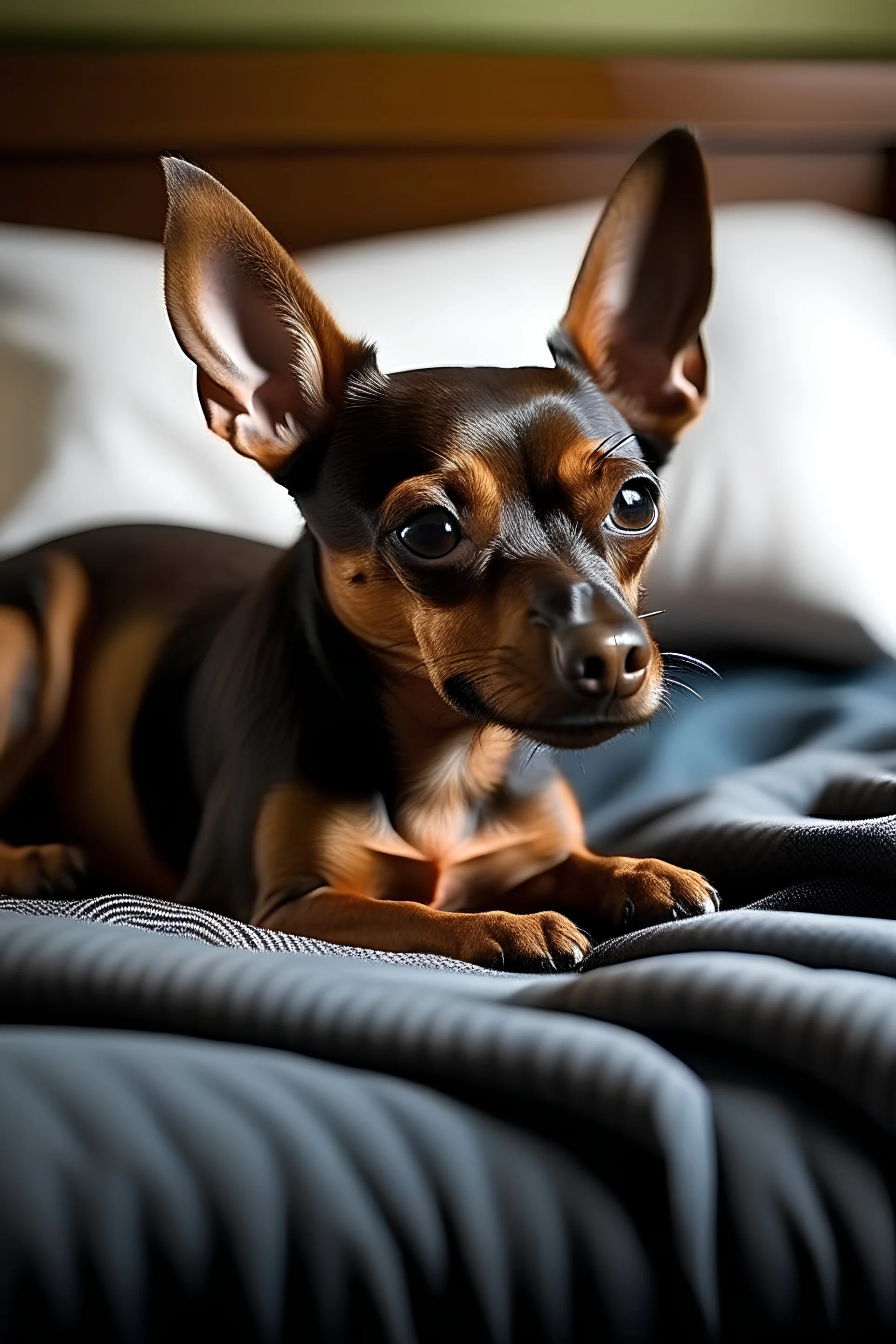 dwarf pinscher brown in a bed