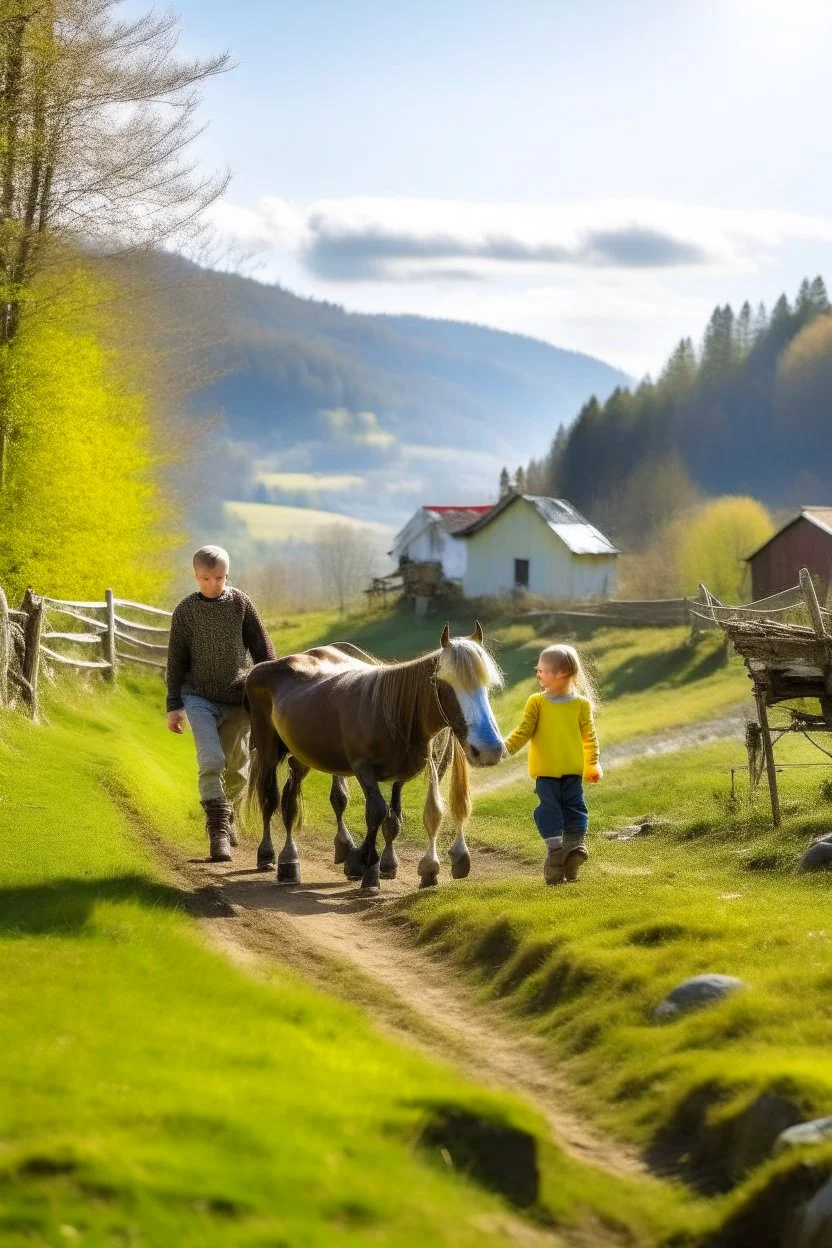 Spring in skåbu, sun, children walking in mountains, horse, broken old tractor