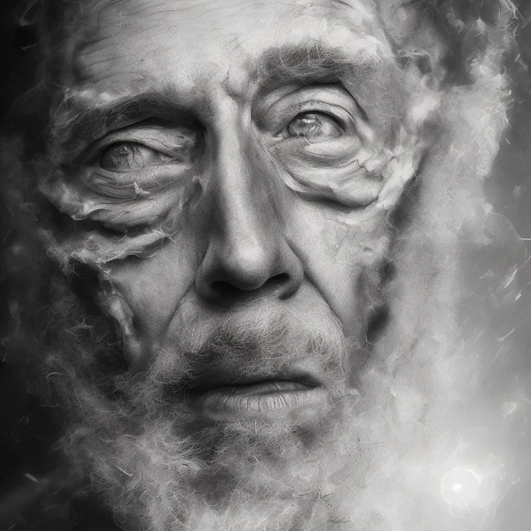 Extremely detailed portrait of man fading into a dark and rough oblivion, black and white digital painting.