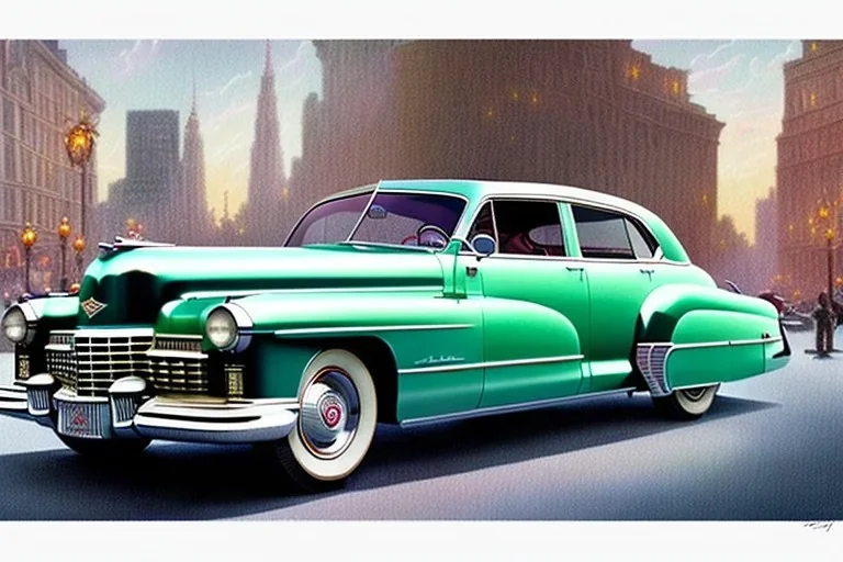 a true-to-life 1946 cadillac series 62 sedanette, centered, intricate, extreme detailed, photorealism, center view, city background, pivot on cadillac, pen and color marker painting by cheryl kelley