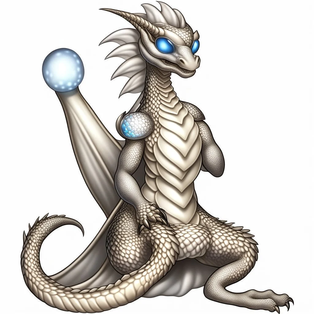 A dragonoid human with silver scales and large glasses along with a long, flexible tail