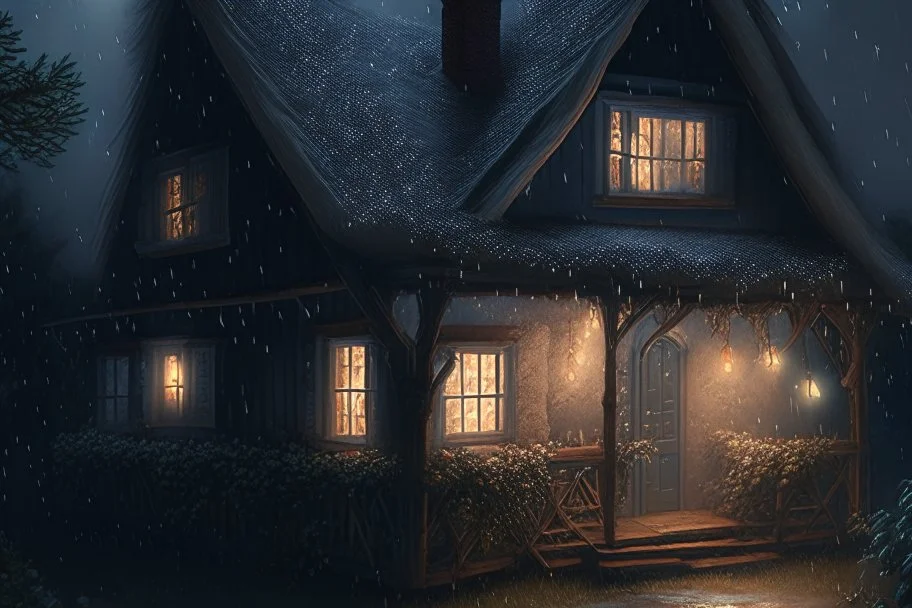 A cozy cottage porch in a storm with fairy lights hanging from the rafters detailed matte painting