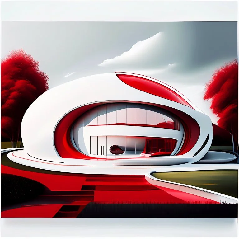 Draw an lineal illustration of a red and white country house, oval and round shapes, modern, minimalist style, ultra quality, detailed, Zaha Hadid style, Zaha Hadid style