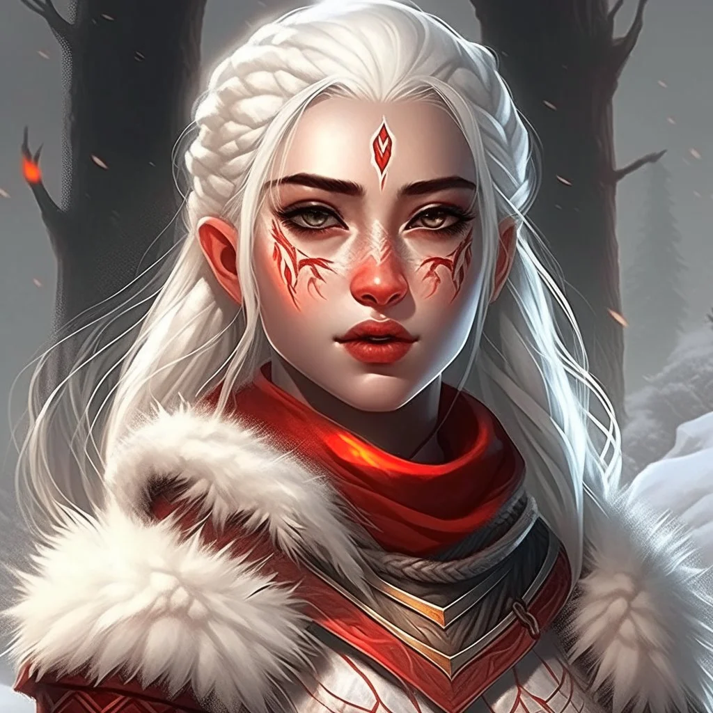 pretty girl, elven, white hair, red birthmark on forehead, hide fur armour, cleric, magic, medieval, fantasy, calm, round face, illustration, cinematic, poster, skyrim, cute