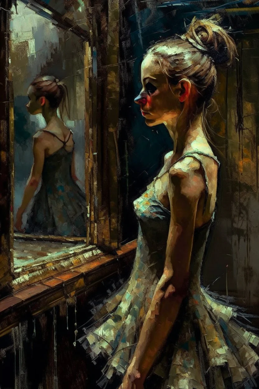 a beautiful ballerina, in a studio, Infront of a mirror, side profile with eyes looking slightly Down, her reflection in the mirror is however looking straight back at her and not looking down, scary, dark undertone, 12k, detailed painting, thick impasto and textures with rough brush strokes, chaos background with cracked paint, peeling off