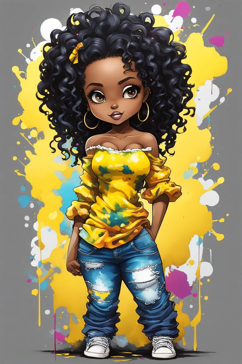 create a colorful abstract graffiti art image 8k of a chibi curvy black female wearing torn jeans pants and a yellow tie dye off the shoulder blouse. Prominent make up with hazel eyes. Highly detailed long tight curly PONYTAIL