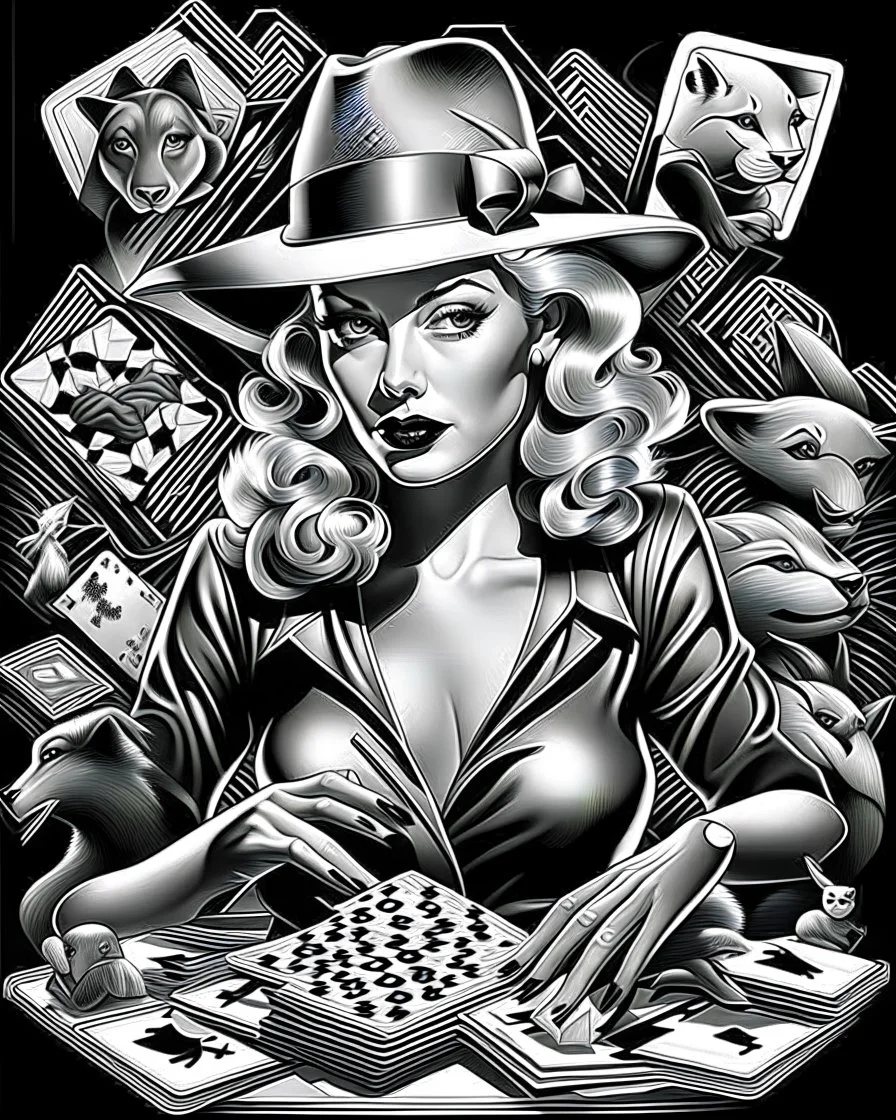 awesome mc escher illustration black and white style beautiful woman marilyn monroe playing poker smoking hip hop gangster hat chasing dragon, (illustration: 1.3), masterpiece, awesome illustration