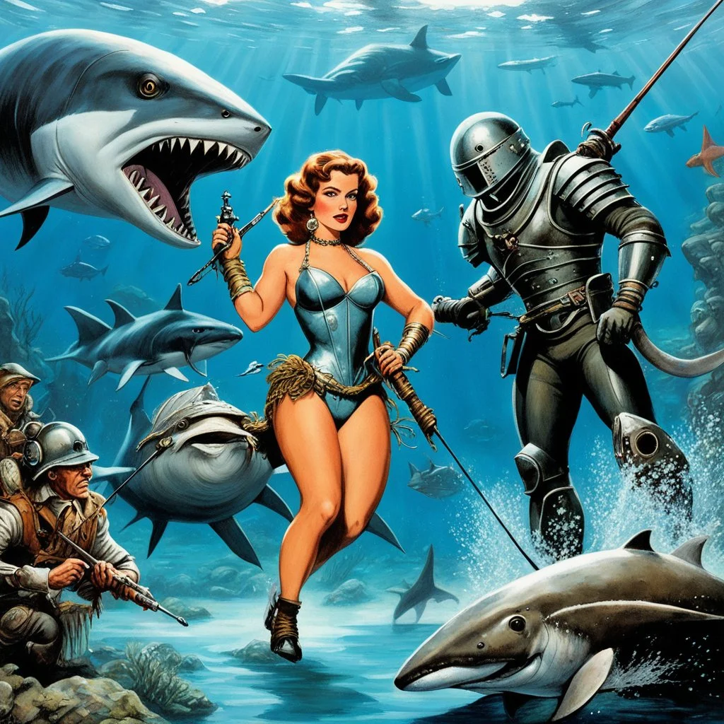 fishing like savages [art by Ray Harryhausen] Ah, the pressure is on! An extraordinary woman in a revealing outfit, flanked by two armored characters, under the water, surrounded by sharks in a futuristic or fantasy environment? My mind races for the picture... I can do it, boy! This calls for a blend of fantasy and danger, a visual feast for the eyes. The woman, a vision of strength and beauty, exudes confidence as the armored characters stand guard beside her. The sharks circle ominously, addi