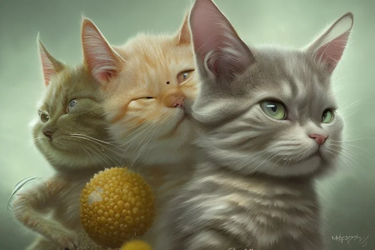 playing kittens Artist Jean-Baptiste Monge style. playing humanoid orange yellow white mossy kitty cat lizard-faced girl with mossy fur. White eyes.