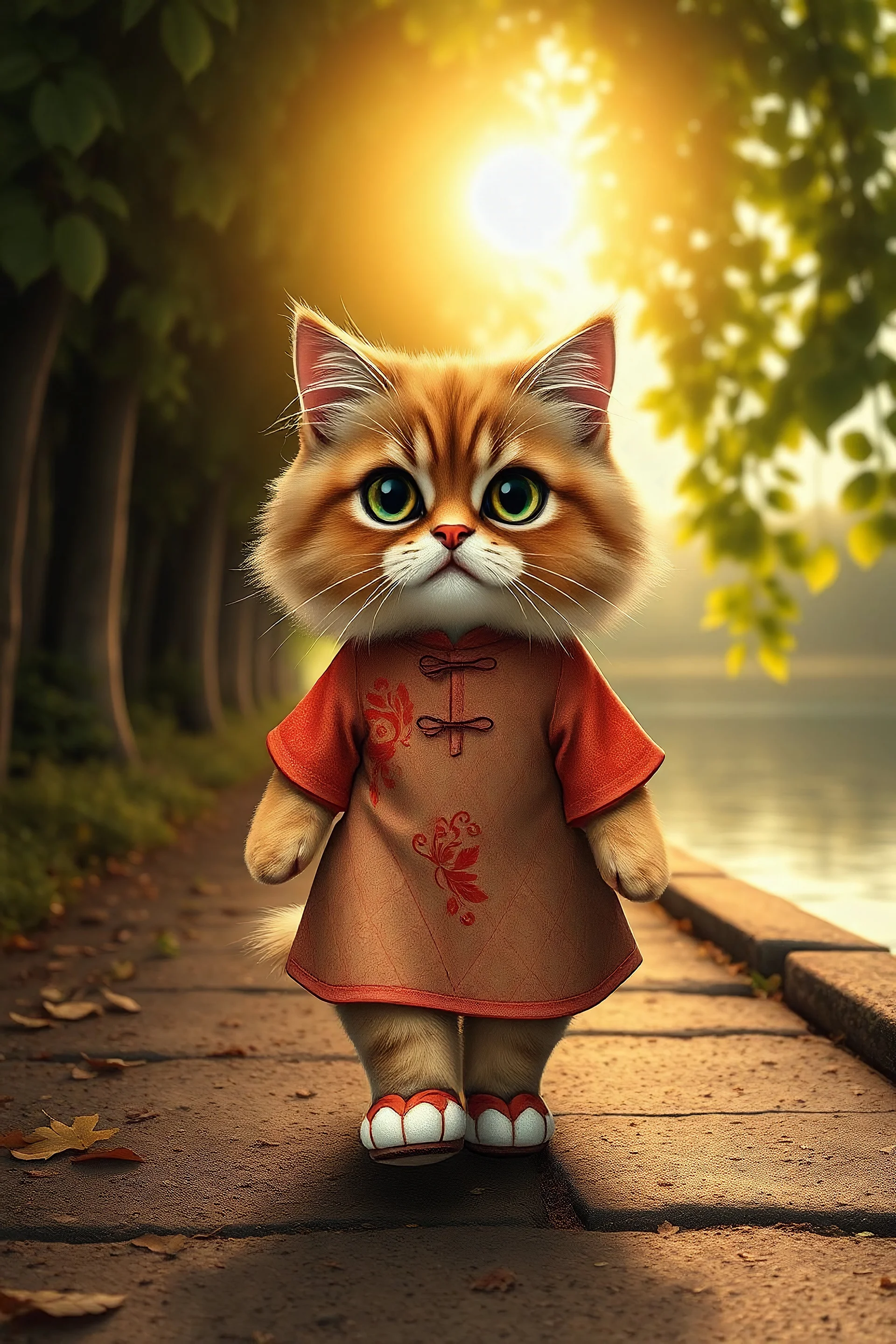 A realistic anthropomorphized cute Persian cat is dressed in a Chinese dress and wearing cloth shoes. The sun shines through the gaping households of leaves as this Persian cat walks steadily along a riverside path. The Persian cat has delicate fur and a pair of large, expressive eyes looking straight ahead. The atmosphere is cozy and elegant, reminiscent of vintage style.