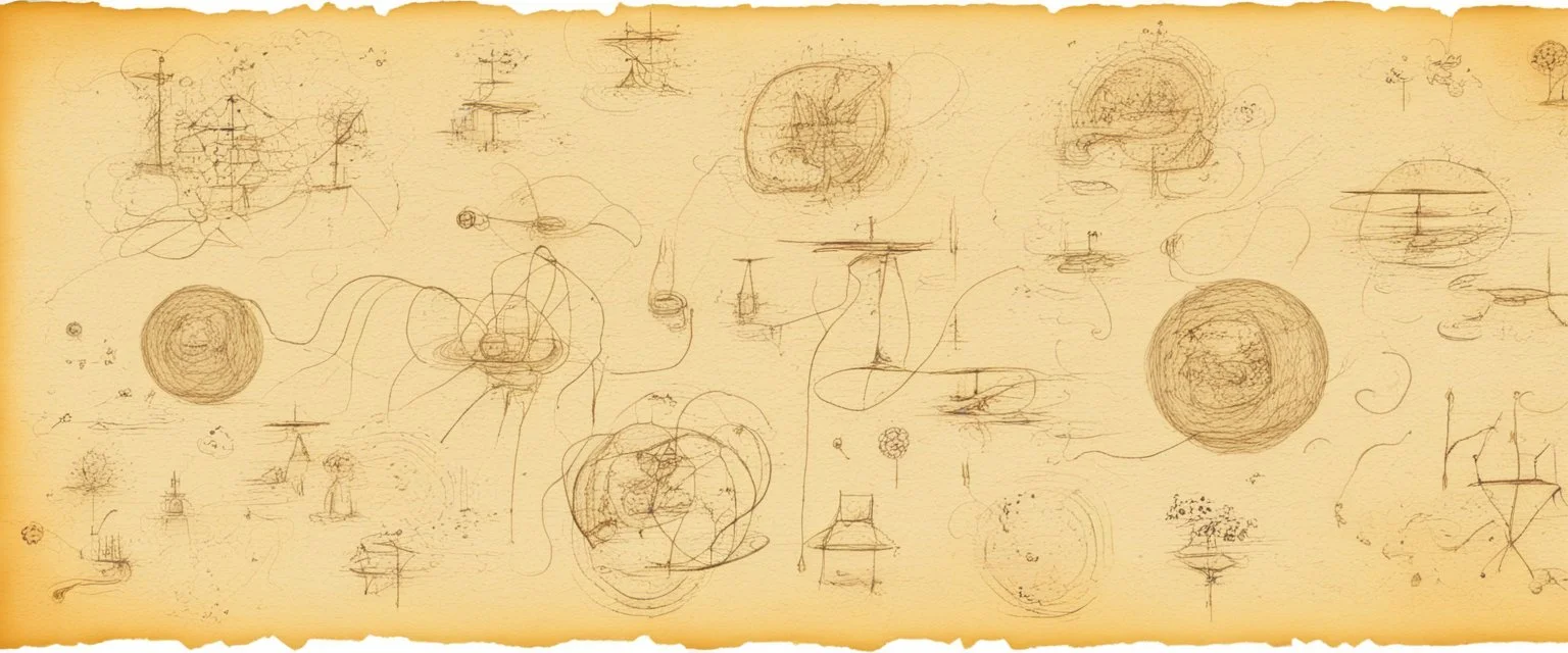 textura de papiro, diseño imaginado de redes neuronales, inteligencia artificial, computadora portatil, telefono celular, iconos, información digital, papel antiguo, manchas irregulares de humedad, boceto a mano en el estilo de leonardo da vinci