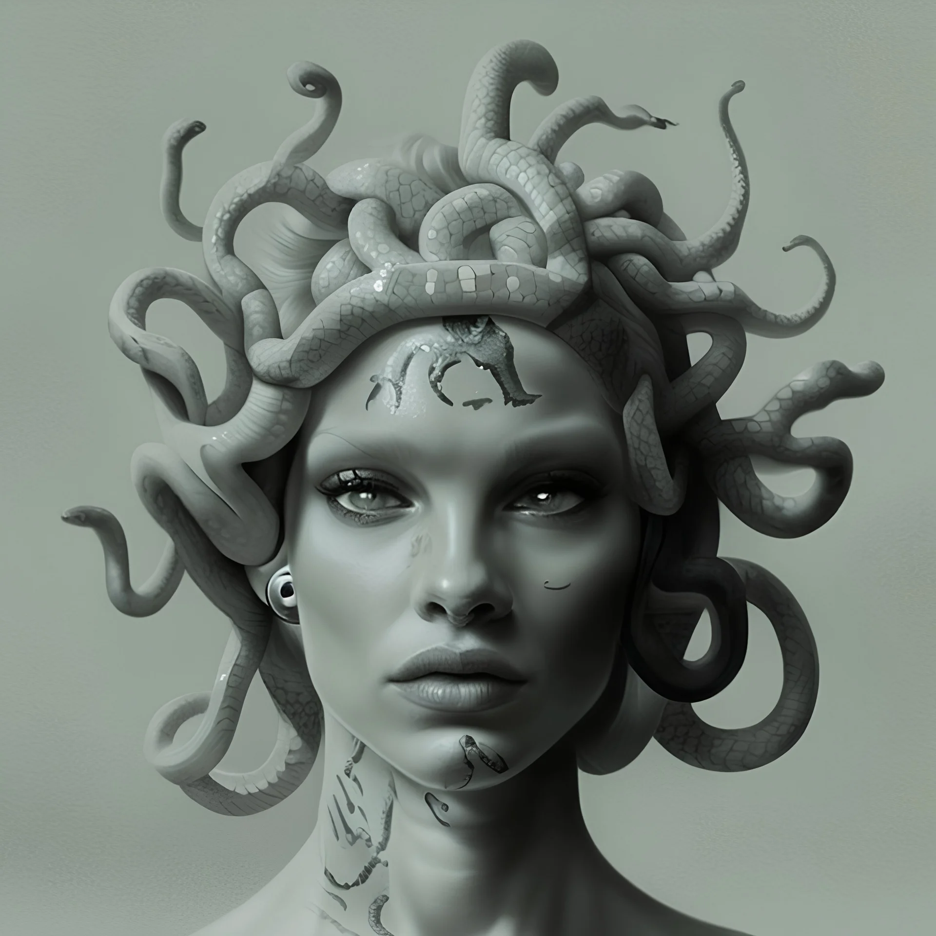 Medusa woman with headphones and tattoos and snakes on his head