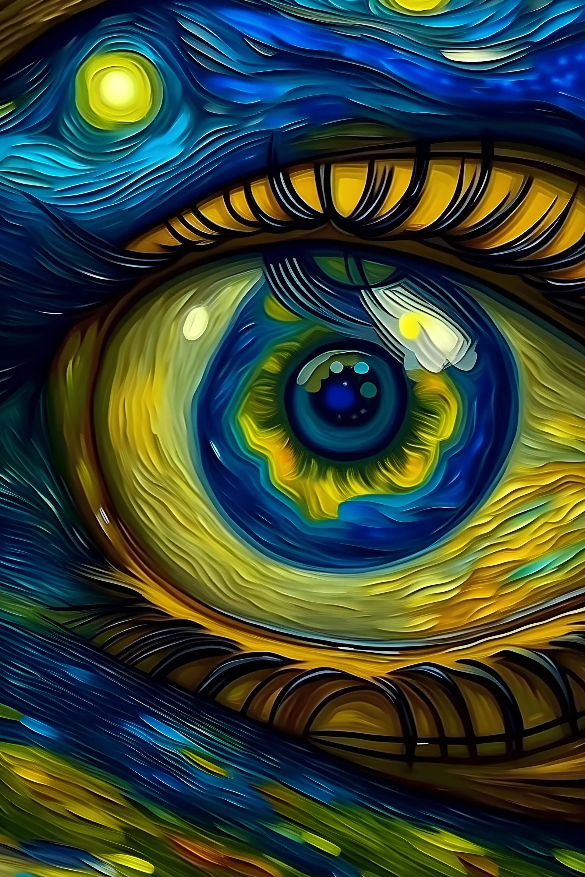 Olhos realísticos refletindo a arte noite estrelada de van Gogh