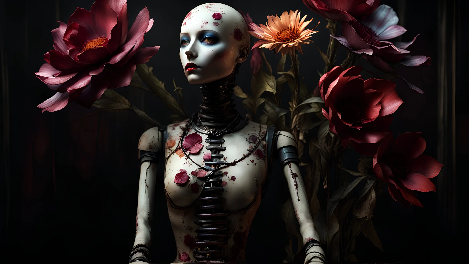 A gritty horror game rendering of a creepy posable art mannequin with articulated joints, the art style of Silent Hill, decaying, liminal spaces, eerie, flirty, painted cracked porcelain, wet, glossy, viscera, colorful flower petals, dark fine arts, morbid fine arts, macabre fine arts, 16k resolution, high quality, sharp focus, intricate details, highly detailed, chaotic, dynamic lighting, backlit, photorealism, canon lens, full figure shot, deep color, black, white and crimson hour