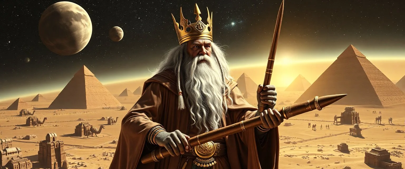 Gandalf as an egyptian space cowboy in the style of Escher and Giger