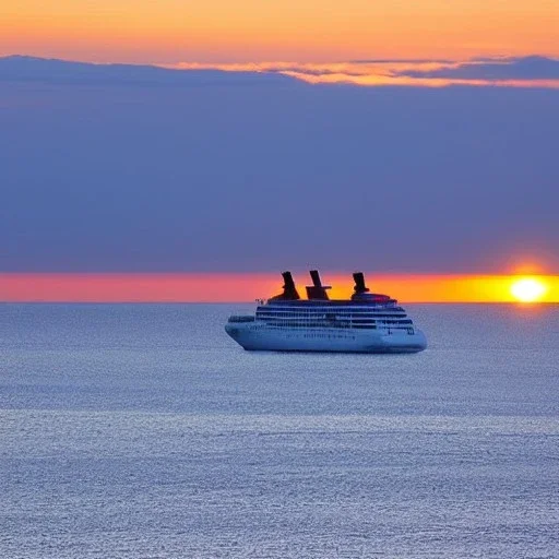 cruise ship sailing, sunset on horizon