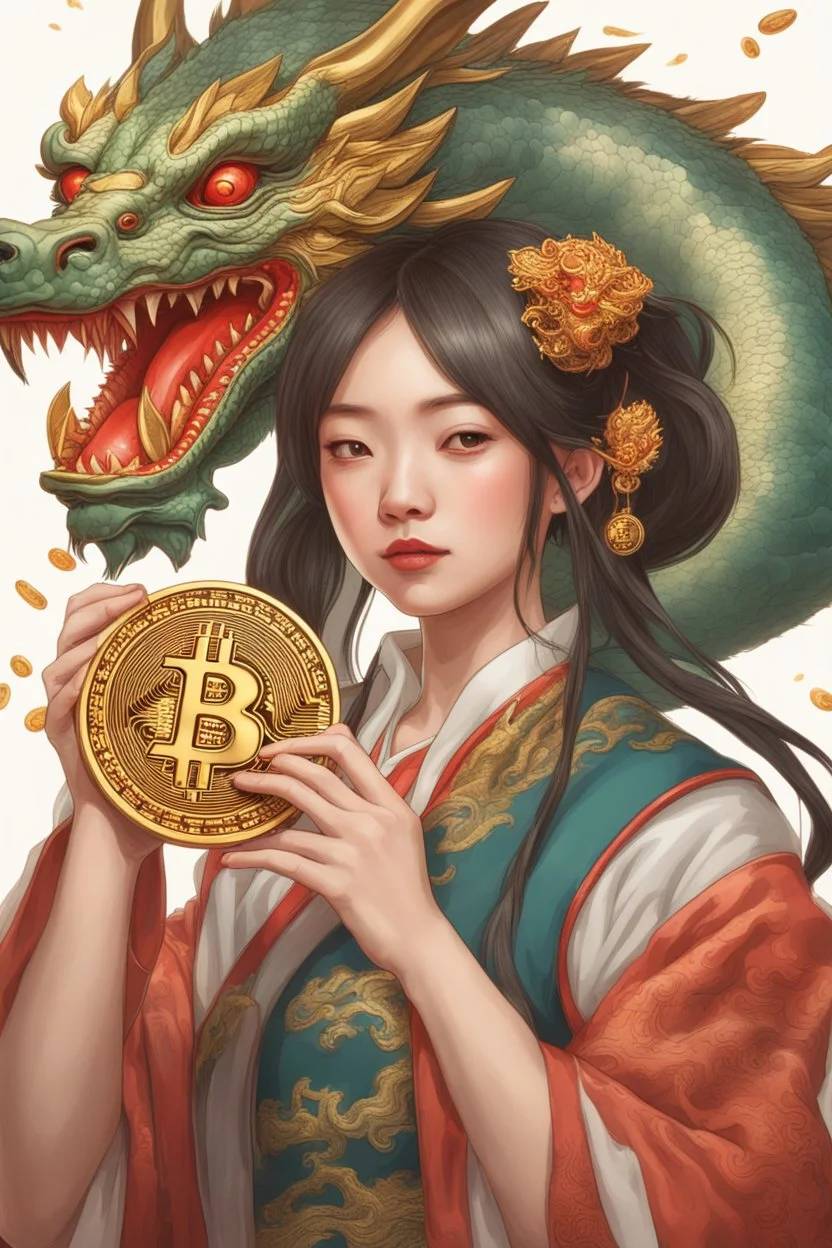 Bitcoin cryptocurrency in the hands of a traditional chinese girl, dragon