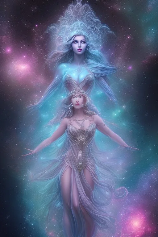 Create an image of a full body cosmic Goddess. The goddess should be depicted as a beautiful and powerful figure, surrounded by cosmic stars. Her hair should be long, blond and flowing, and she should be dressed in a flowing gown blue celestial robe. In the background, include imagery of pink flowers, blue sky,trees. The image should evoke a sense of joy, celebration, and spiritual connection to nature.