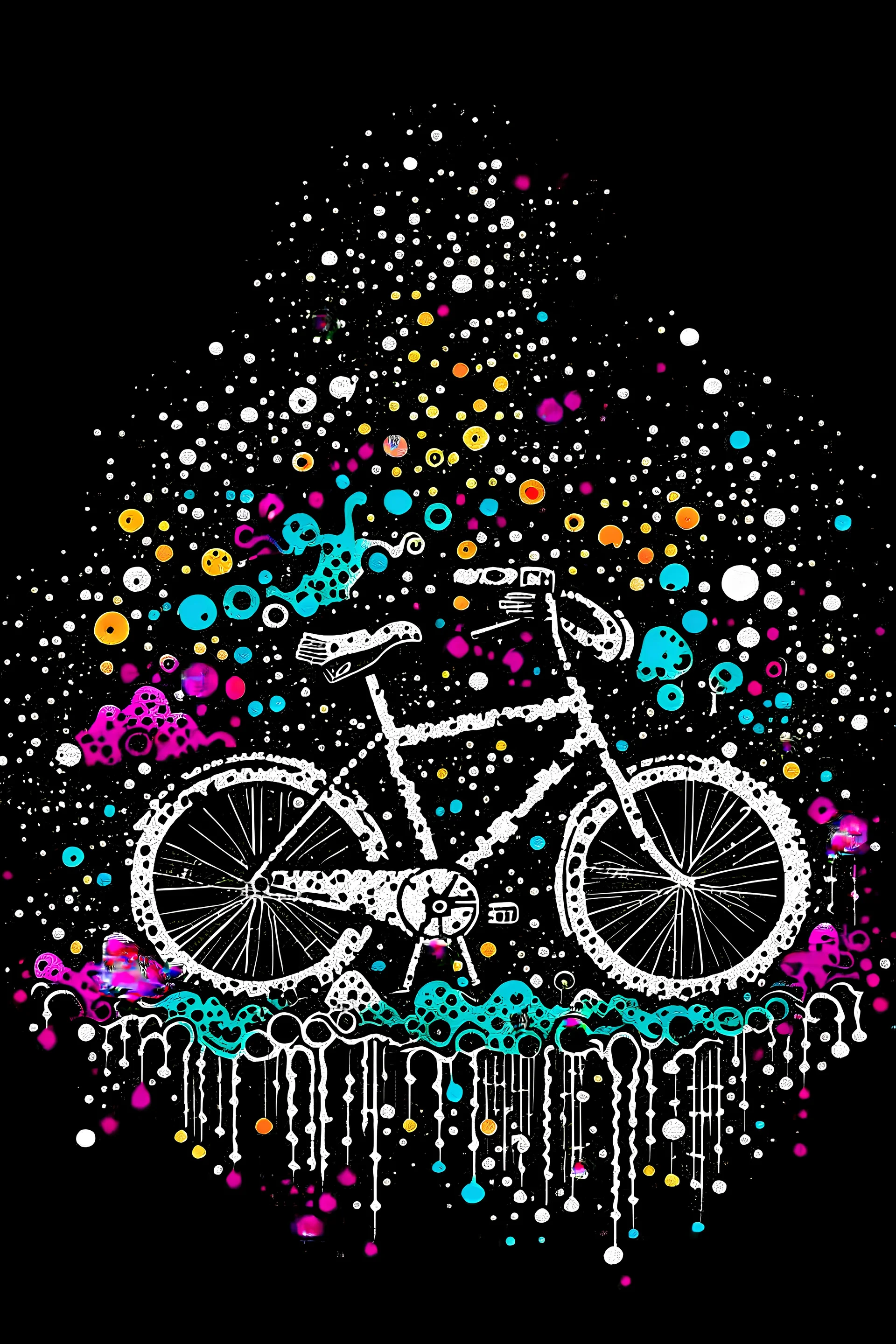 The bike goes in an abstract state, then fumes come out. Have the city silhouette in front of you. Produce it in png format that can be used as a logo. Create a unique t-shirt design in PNG format using artificial intelligence. The design should incorporate elements of artificial intelligence, such as neural networks or robots."
