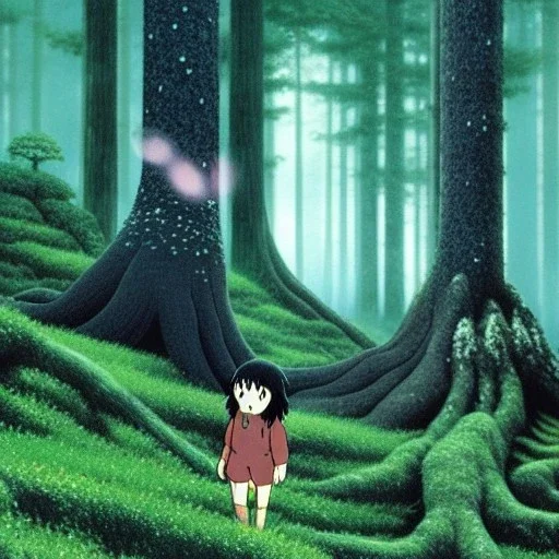 Ghibli, forêt, scintillant, très detaillé, créature mystérieuse, menaçantes