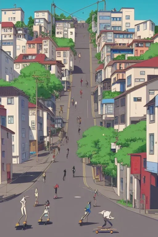 Bauhaus city street, sloped street, city on tall hillside, street scene, rollerbladers grinding on rails, skaters, rollerskaters, cel - shading, 2 0 0 1 anime, flcl, jet set radio future, golden hour, Swedish town, concentrated buildings, swedish neighborhood, electrical wires, cel - shaded, strong shadows, vivid hues, y 2 k aesthetic