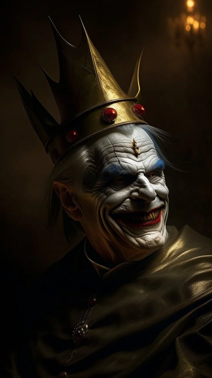Bosch nightmares paining style Title: a joker face smiling of Trump wearing a crown, 8k, photography , photorealistic concept art, soft natural volumetric cinematic perfect light, chiaroscuro, award-winning photograph, masterpiece, oil on canvas, Raphael, Caravaggio, Greg Rutkowski, people, beksinski, Giger