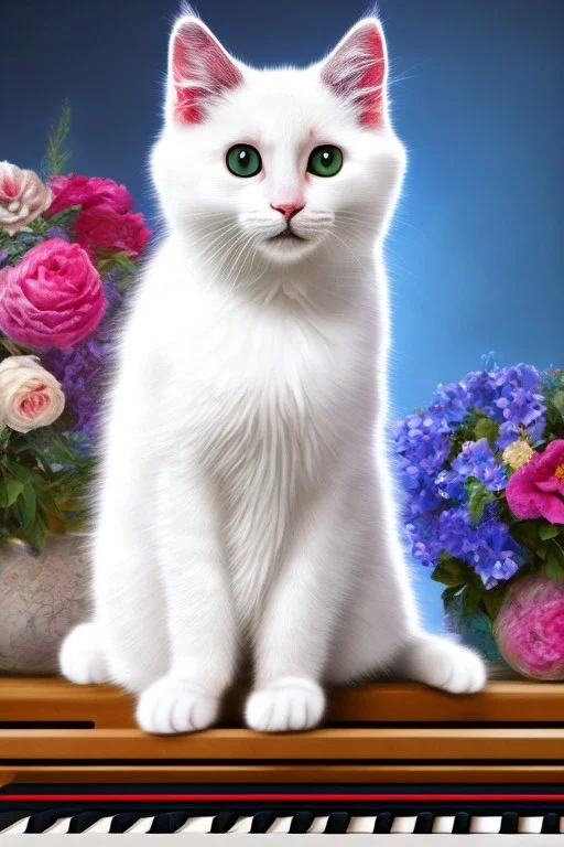 A young beautiful cat, portrait, is sitting on a piano, with some flowers around.