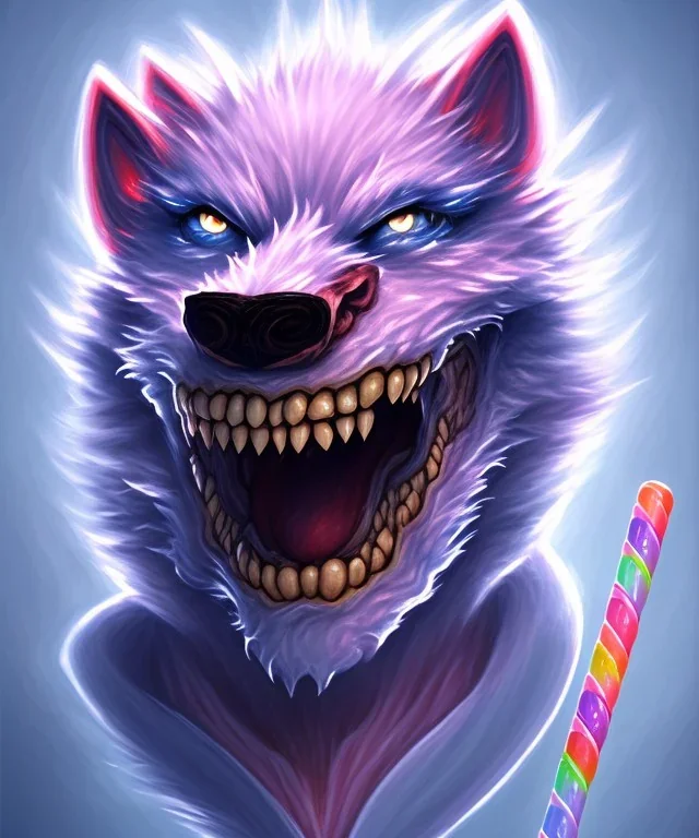 Muscular cotton candy werewolf made of candies and lollipops, sharp teeth, monstrous face, staring at you, drool dripping from its mouth