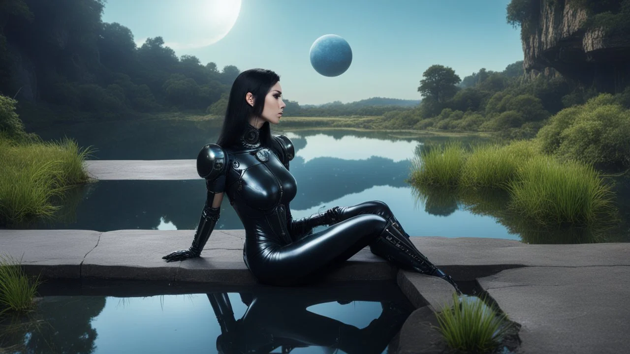 Fantasy Photo Of A Woman With Black Hair, Wearing A robot-looking catsuit, Sitting sideways On A Ledge next to a Pond, With A Planet Behind Her Head