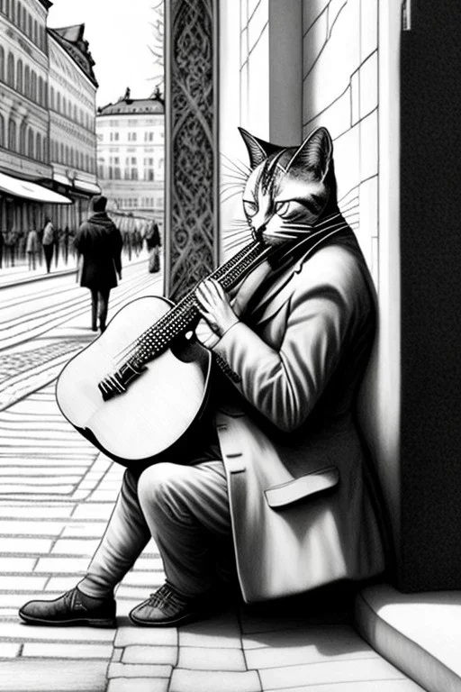 One single mature cat playing flute on the street, Vienna, thoughtful, mourning, model style, hyper realistic, extremely accurate, delicate, extremely detailed, Graphic novel style, wide-angle, open aperture, superfine pencil