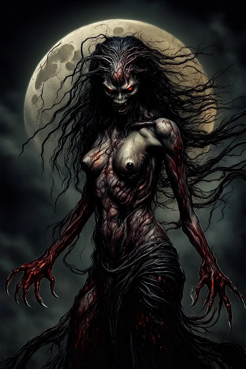 A dramatic digital painting portraying a horror monster under the Moon, veins pulsing, claws of temptation visible, soul in turmoil. In the style of Luis Royo and Boris Vallejo and Giger and Ridley Scott, vivid colors, swirling brushstrokes, highly detailed, 8k resolution, surrealistic., juicy emotions, painting, gloomy fantasy, gloomy day, dark world, portrait, wide strokes, a weaving frame around, by Ryohei Hase, Agnes Cecile, Raymond Swanland, Anne Bachelier