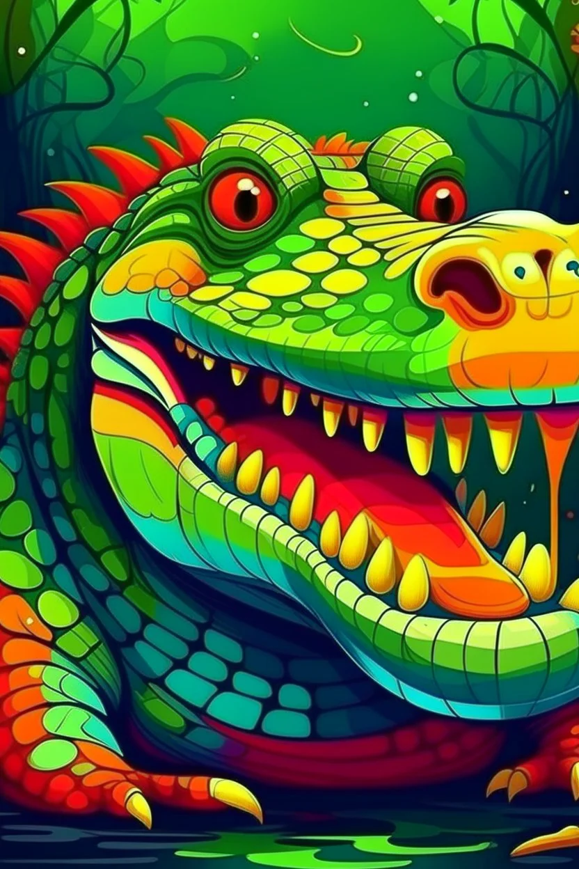 Acrtoon 2d art illustration . Colorful crocodile