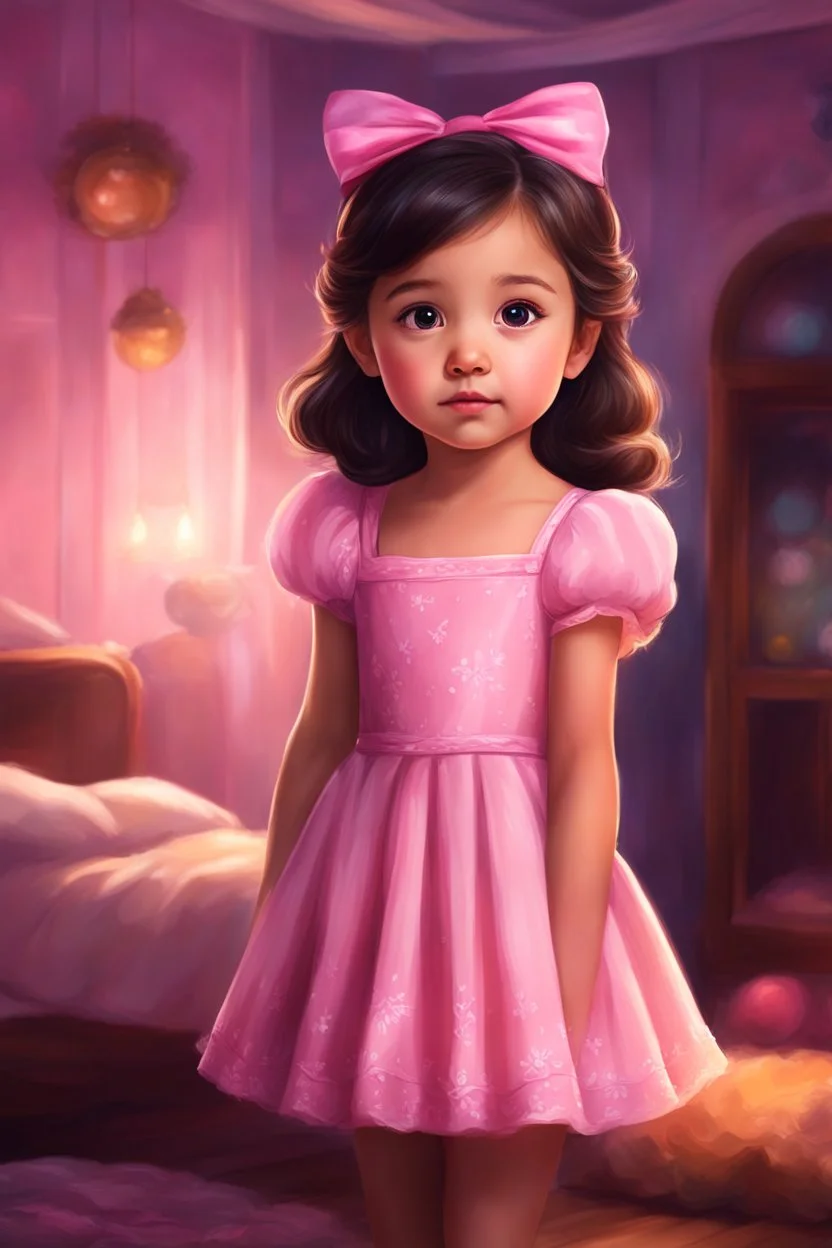 Digital painting of a cute little girl in a pink dress, front view, Agnes face, dark hair, bow on her head, glowing eyes, cute face, cozy room in the background, Disney art, digital painting style, High Quality, 4k