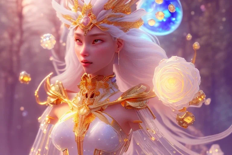 very beautiful crystal and gold goddess in a galactic ambiance, transparent petals, delicate colors, full of details, smooth, bright sunshine，soft light atmosphere, light effect，vaporwave colorful, concept art, smooth, extremely sharp detail, finely tuned detail, ultra high definition, 8 k, unreal engine 5, ultra sharp focus