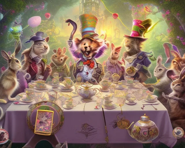 the mad hatter's tea party, long table, the march hare, the mad hatter, field mouse, alice, the cheshire cat, alice in wonderland, signpost pointing in different directions, orbs of light, tea pot, teacup, film still