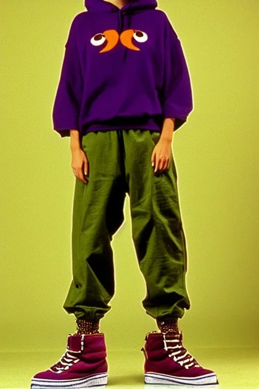 year 1994 fashion. Loose fit, "combat pants" with low waist, baggy, Combat pants, t-shirt and interesting hoodie. Colors: denim blue, blue, purple, khaki, light green, lilac, plum, orange, terracotta, red, pink, dark blue, beige. Women models. Patterns: owl, Sturnus vulgaris pattern prints.Jennifer Lopez, Gwyneth Paltrow, . Big tennis shoes on. Cargo pants.