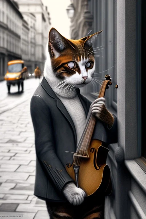 One single mature cat playing violin on the street, Vienna,thoughtful, mourning, model style, hyper realistic, extremely accurate, delicate, extremely detailed, Graphic novel style, wide-angle, open aperture, superfine pencil