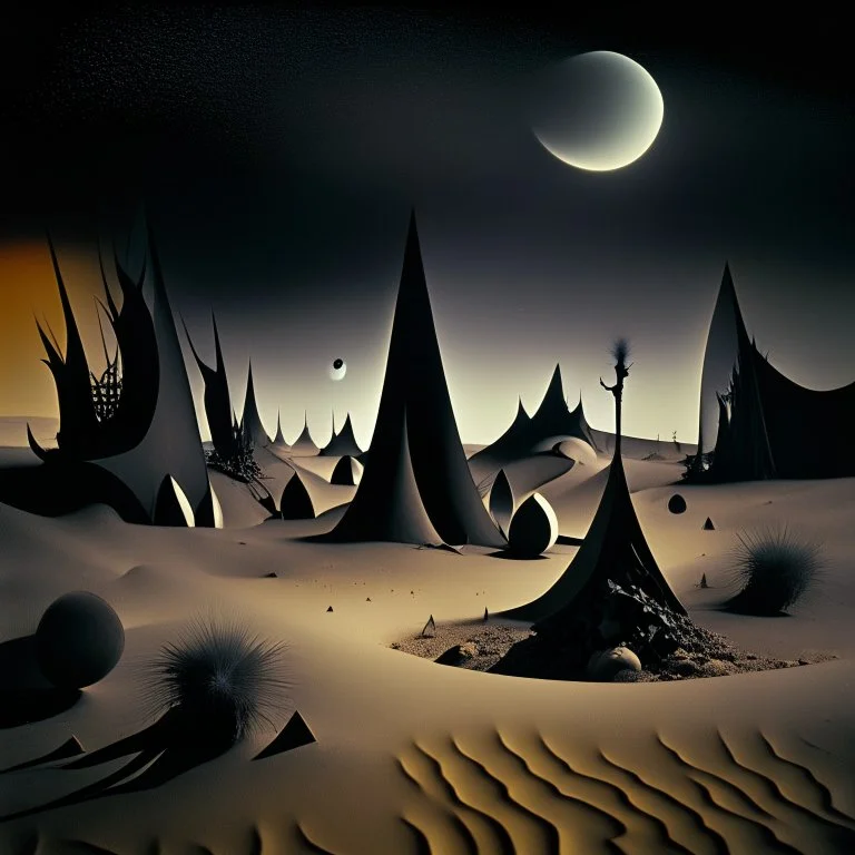 Photograph of odd shapes scattered over an arid wasteland, very spooky, night, intricate, Yves Tanguy, thoughtful, interesting, a bit appalling, smooth