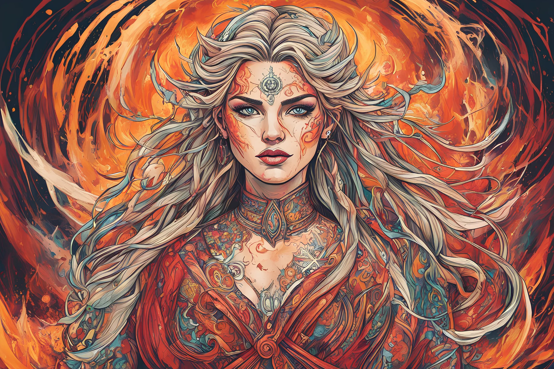 create an abstract expressionist full body illustration of a deeply spiritual,Viking female sorceress with highly detailed and deeply cut facial features, searing lines and forceful strokes, precisely drawn, boldly inked, with rich striking autumnal colors