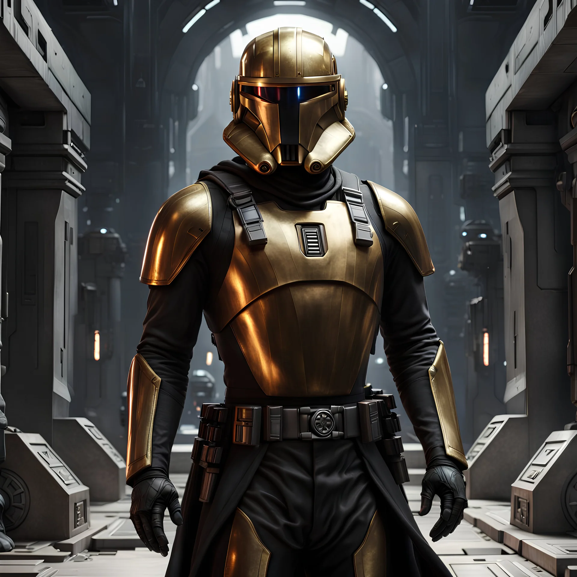 star wars bald male corellian pilot wearing pearlescent black and gunmetal grey First Order special forces heavy assault stealth commando armor and helmet with gold trim inside the jedi temple, hyperdetailed, dynamic lighting, hyperdetailed background, 8k resolution, volumetric lighting, light skin, fully symmetric details