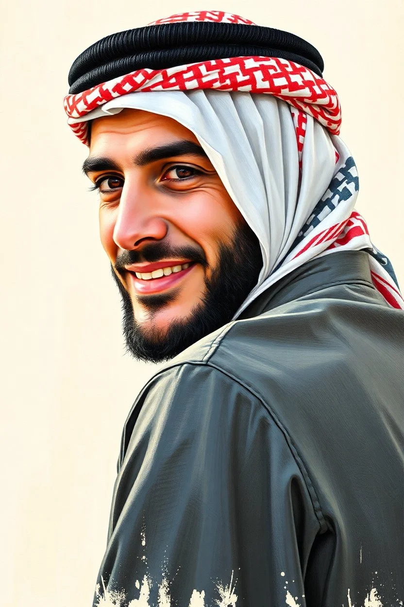 A Palestinian man, thirty years old, wearing a keffiyeh, has a beautiful face, turns his face to the right, has a slight smile, his mouth is closed and his teeth are not visible, his eyes are looking to the left, he appears to be drawn with oil paints